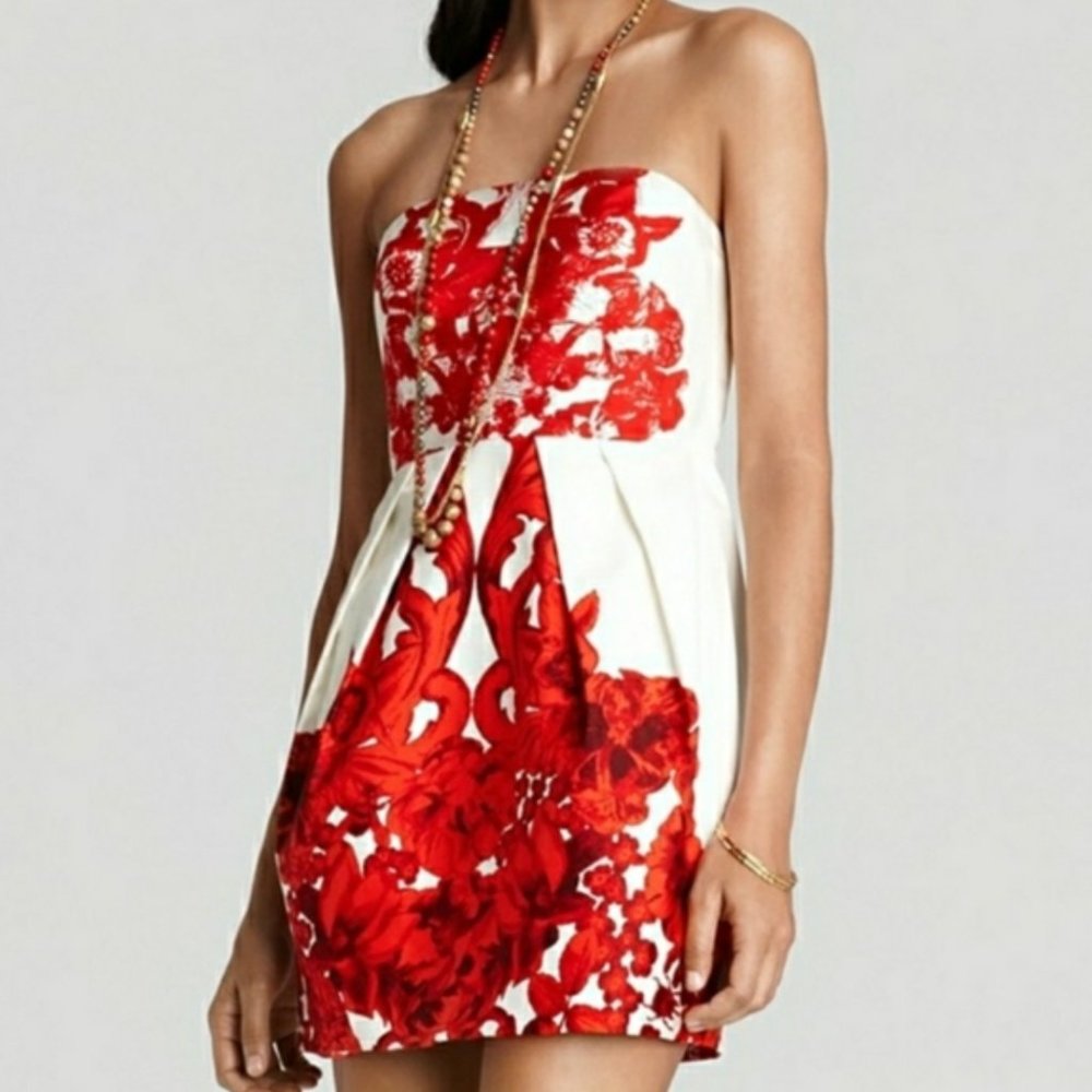Tibi Rococo Strapless 100% Silk Ivory Cream & Red Floral Mini Cocktail Dress 4
